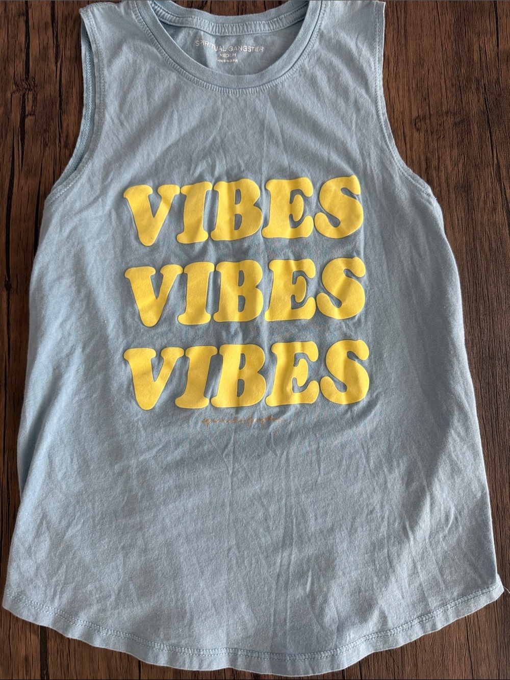 Spiritual Gangster Light Blue Tank with Yellow VIBES Graphic - Picture 1 of 3